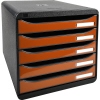 Schubladenbox mit fünf orangen Schubladen und schwarzem Gehäuse für Dokumentenaufbewahrung.