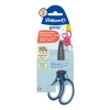 Blaue Bastelschere für Linkshänder mit ergonomischem Griff und Namensschild im Produktkarton.