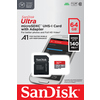 microSDXC-Speicherkarte mit Adapter in Verpackung, Speicher 64 GByte, Anschlussdetails sichtbar.