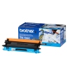 Toner in Cyanfarbe mit orangefarbenem Deckel und Verpackung im Hintergrund.