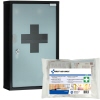 Verbandkasten in schwarzem Gehäuse mit großem rotem Kreuz und Inhalt in Verpackung abgebildet.