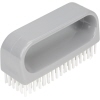 Graue Nagelbürste mit eckigem Griff und geschlossenen Bügen, Borsten auf der Unterseite.