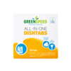 Verpackung der GREENSPEED Spülmaschinentabs All-in-one mit grafischen Symbolen zur Anwendung.