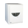 Weißer Sicherheitsschrank mit schwarzem Schloss und Schlüssel, dreiseitiger Verriegelung.