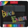 Buntstift-Set in schwarzem Etui mit 24 Farben, auf schwarzem Hintergrund kreativ angeordnet.