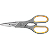 Graue Universalschere mit gelben Griffen und gezackter Klinge, präsentiert in seitlicher Ansicht.