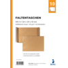 Braune Faltentasche DIN C4 ohne Fenster, geöffnet und geschlossen dargestellt.