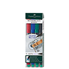 Packung mit vier Faber-Castell Folienstiften in verschiedenen Farben und Spezialradierer.