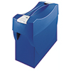 Blaue Hängemappenbox mit Deckel, integrierter Stifteschale und Beschriftungsschild.