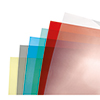Verschiedene farbige Einbanddeckel aus transparenter Folie gestapelt.