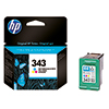 HP Tintenpatrone 343 in Verpackung, zeigt Farben cyan, magenta und gelb sowie Grafiken.