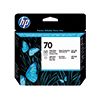 HP Druckkopf 70 in fotoschwarz/hellgrau, abgebildet in einer Produktverpackung mit Schmetterlingen.