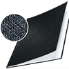 Schwarze Hardcover-Bindemappe mit Leinenüberzug, geöffnet mit sichtbarem Innenblatt.