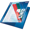 Blauer Schnellhefter mit abheftvorrichtung und transparenter Längstasche im Rückdeckel.