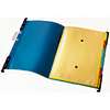Hängemappe mit sechs Fächern, auffaltbar, in Blau und Gelb, mit integrierter Sichthülle.
