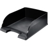 Schwarze DIN A4 Briefablage mit geöffnetem Vorderbereich und glatten Seitenwänden.