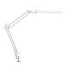 Weiße Tischleuchte mit länglichem Kopf und verstellbarem Arm, montiert an einem Klemmfuß.