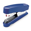 Flachheftgerät in blauer Farbe mit silberner Hebelmechanik und offenem Heftschacht.