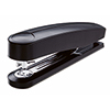 Schwarzes Heftgerät mit glänzender Metallunterlage und abgerundeter Oberseite.