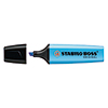 Blauer Textmarker mit abgenommenem Deckel und breiter Spitze.