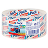 Transparente Rollenklebebandpackung mit roten und blauen Designs, 66 m x 50 mm.
