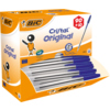 Packung mit 100 blauen BIC Kugelschreibern Cristal Original in transparentem Gehäuse.