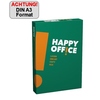 Grüne Verpackung von DIN A3 Kopierpapier mit der Aufschrift "HAPPY OFFICE" und Warnhinweis.