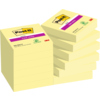 Gelbe Post-it® Super Sticky Haftnotizen in einem stapelbaren Kartonspender.