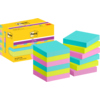 Bunte Post-it Super Sticky Notes in verschiedenen Farben, verpackt im gelben Kartonspender.