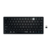 Kompakte drahtlose Tastatur mit Scherentasten und USB-Empfänger auf weißem Hintergrund.