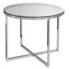 Runder Beistelltisch mit gläserner Oberfläche und verchromtem Metallgestell.