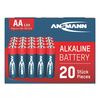 Packung mit 20 AA Mignon Alkaline-Batterien in roter und silberner Farbgestaltung.