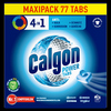 Calgon Waschmaschinenreiniger 4in1 in einer Verpackung mit 77 Tabs und farbenfrohem Design.