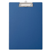 Blaues Klemmbrett mit flacher Bügelklemme und Griffmulde von vorne.