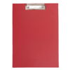 Rotes Klemmbrett mit flacher Bügelklemme und Griffmulde für Unterlagen.