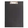 Schwarzes Klemmbrett mit metallener Klemme und Griffmulde, Produktansicht von vorne.