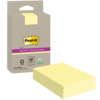Gelbe Post-it® Haftnotizen in 4 Blöcken mit umweltfreundlicher Verpackung aus recycelter Pappe.