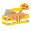 Packung mit Post-it Haftnotizen in Neongelb, Pink, Rosa und Vitalorange, mit 18 + 6 Gratis.