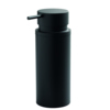 Schwarzer, freistehender Seifenspender mit runder Form und Pumpmechanismus.