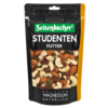 Verpackung von Studentenfutter mit Nüssen und Rosinen in einem wiederverschließbaren Beutel.