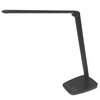 Schreibtischlampe mit schmalem, schwenkbarem Arm und runder Basis in Schwarz.