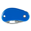 Blaues, klappbares Sicherheitsmesser mit integriertem Klebebandritzer und Sicherungsmechanismus.