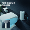 Silberner WC-Rollenhalter für bis zu zwei Rollen, montiert an einer Wand neben einer Toilette.