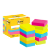 Bunte Post-it Haftnotizen in einem Kartonspender mit Stapel an mehreren Notizen.
