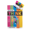 Plakat mit dem Schriftzug "THINK" und einer Illustrationsgruppe in bunten Farben, neben einer Box.