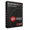 Schwarze Verpackung für go copy Kopierpapier ALLROUND 80 DIN A4 mit Icons und Details.