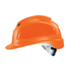Schutzhelm in orange mit seitlichem Drehverschluss und sportlichem Design.