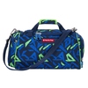 Sporttasche in Blau mit grünem und blauem geometrischem Muster, verstellbarem Schultergurt.