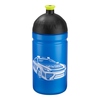 Blaue Trinkflasche mit schwarzem Deckel und Polizei-Auto-Motiv.