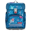 Schulranzen in Blau mit Meerjungfrau-Motiv, Sternen und Anhängern, für Grundschüler geeignet.